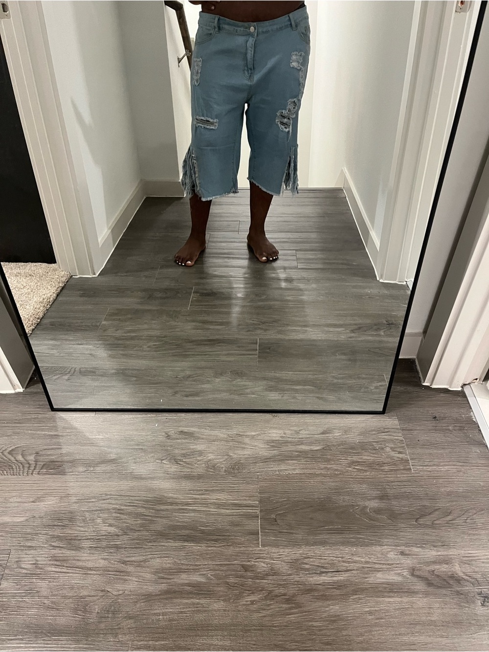 Distressed Light Blue Denim Bermuda Jeans for Women